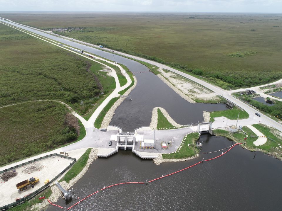 An aerial view of a waterway with the S-333N Canal Gate Structure.