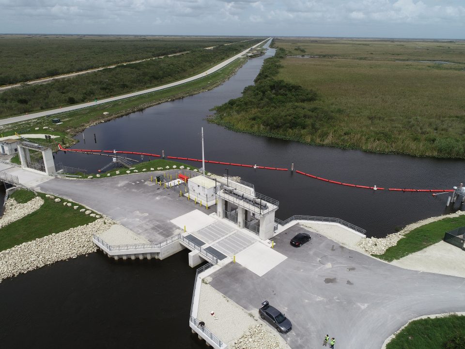 Aerial view of S-333N Canal Gate Structure in a waterway.