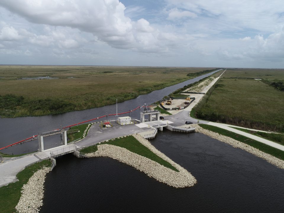 Aerial view of S-333N Canal Gate Structure in a waterway.